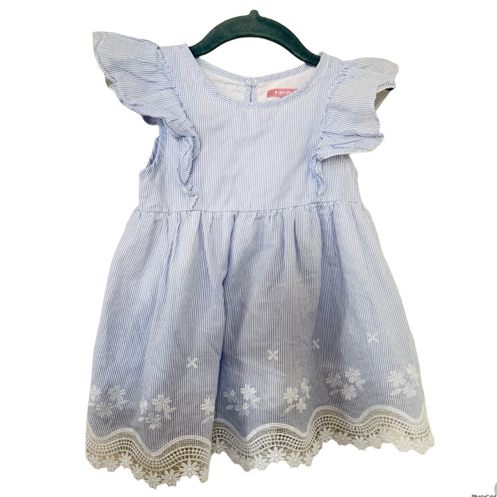 BCBGirls blue & white striped dress lace trim ruffled sleeves Sz 6